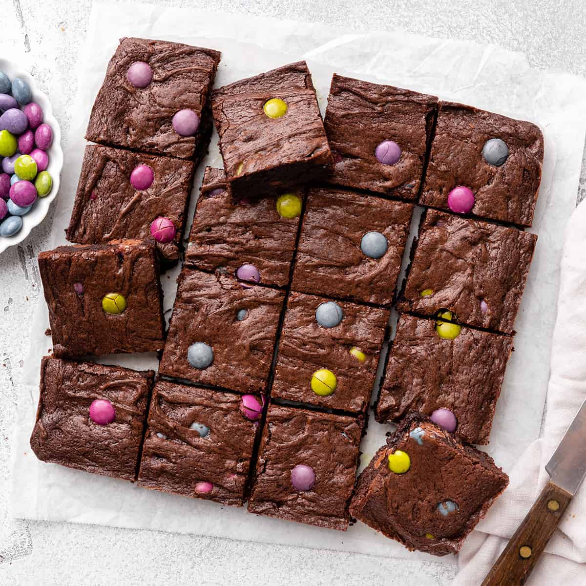 m & m brownies cut into 16 squares