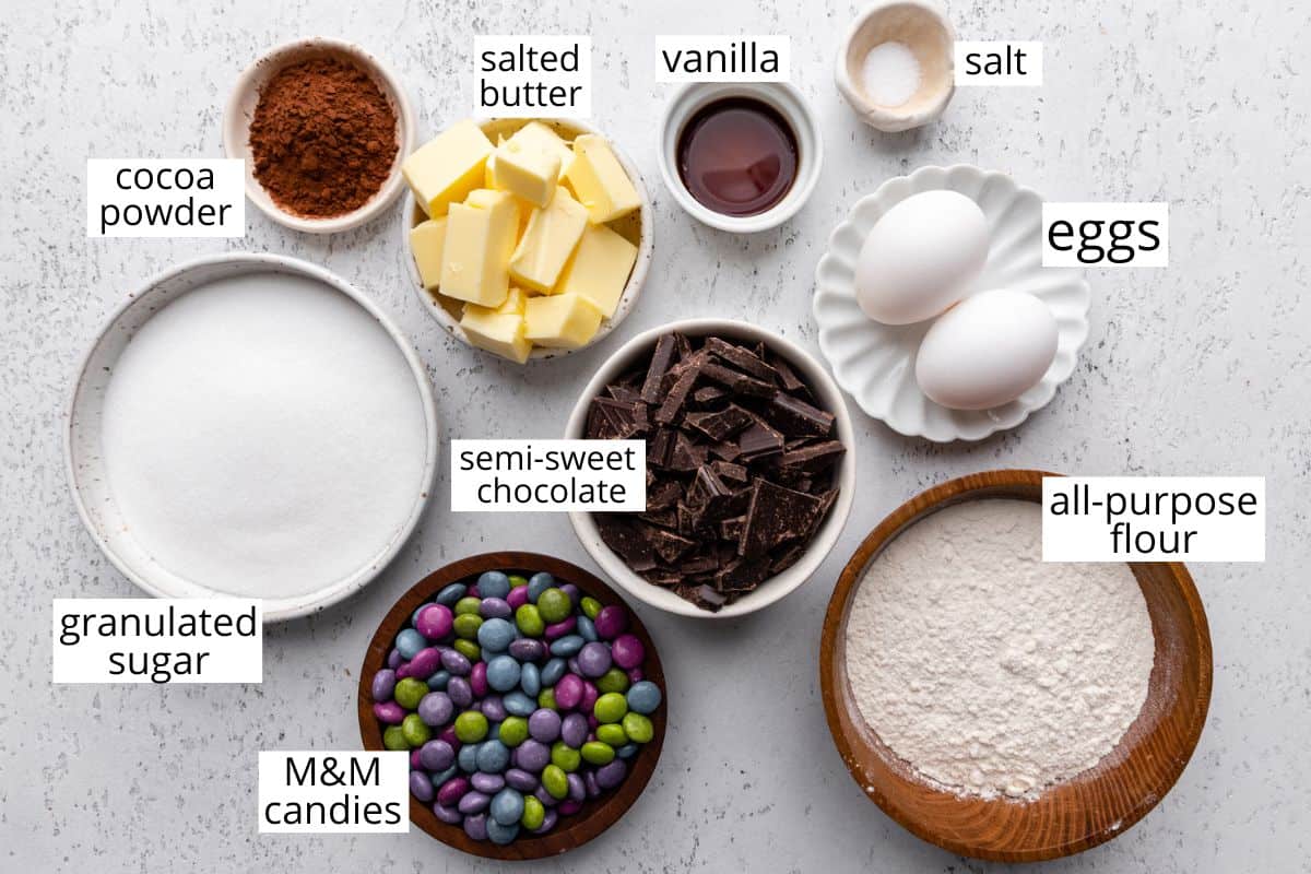 overhead photo of the ingredients in this M & M Brownies recipe