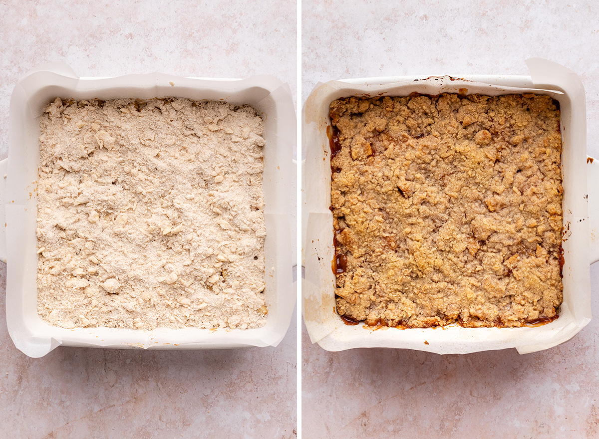 two photos showing apple pie bars before and after baking