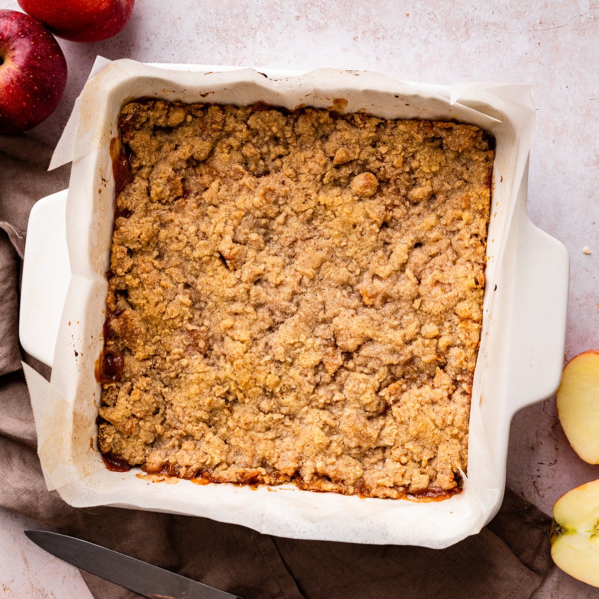 Apple Pie Bars in a baking dish after baking