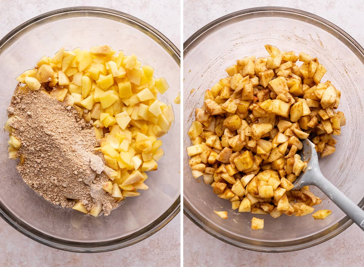 two photos showing How to Make Apple Pie Bars - combining apples and filling ingredients 