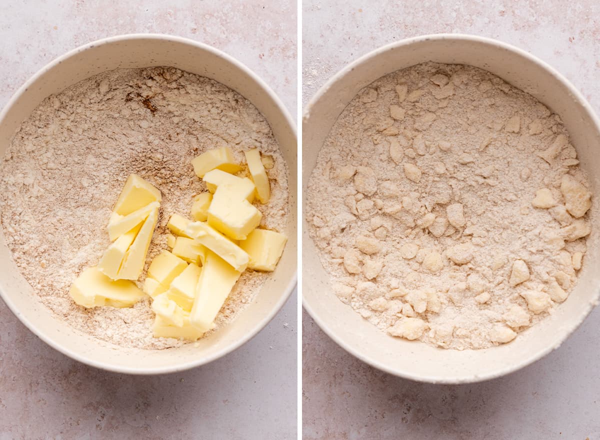 two photos showing How to Make Apple Pie Bars - adding butter to dry ingredients to make the crumb topping