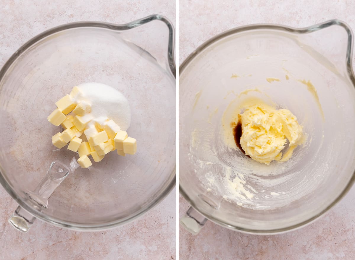 two photos showing How to Make Apple Pie Bars - beating butter and sugars to make the shortbread crust
