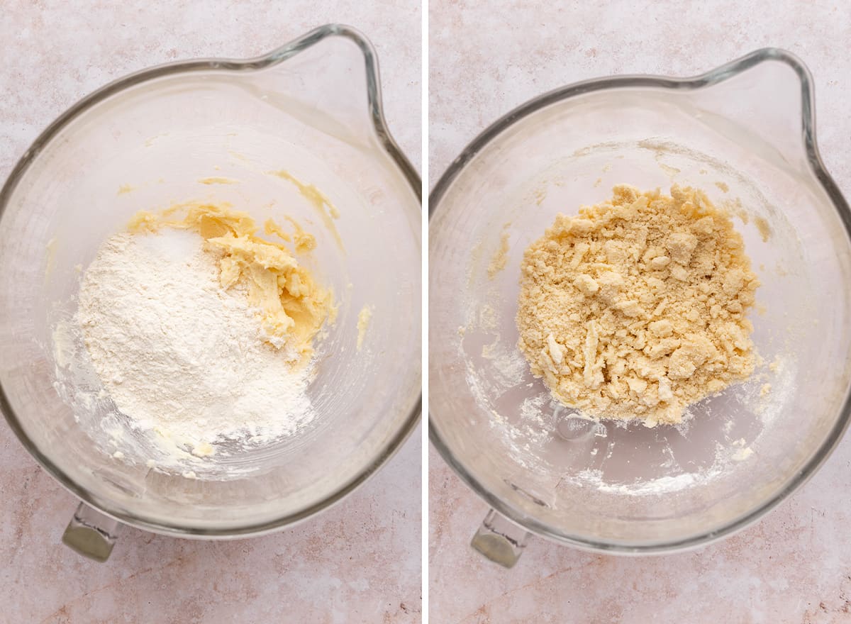 two photos showing How to Make Apple Pie Bars - making the shortbread crust