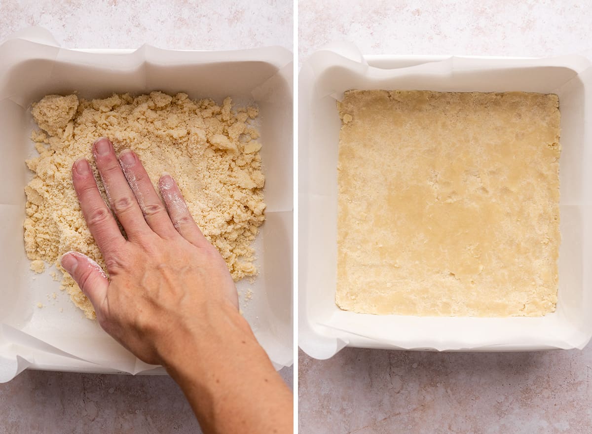 two photos showing How to Make Apple Pie Bars - pressing crust into baking pan