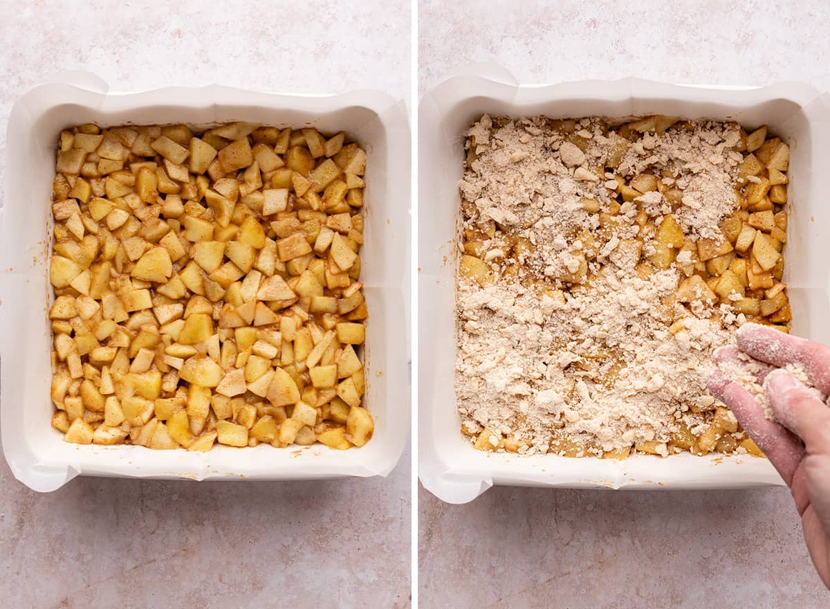 two photos showing How to assemble Apple Pie Bars - adding apples and crumb topping