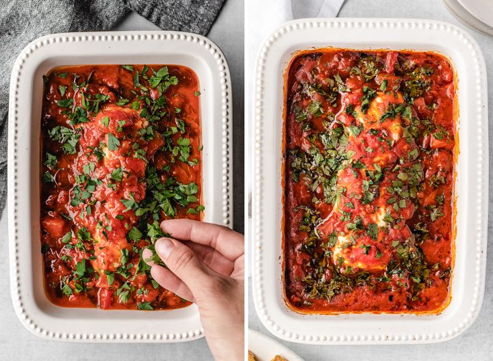 two photos showing how to make Baked Goat Cheese Dip