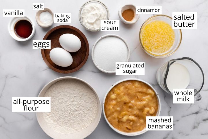 overhead photo of the ingredients in this Banana Cake Recipe 