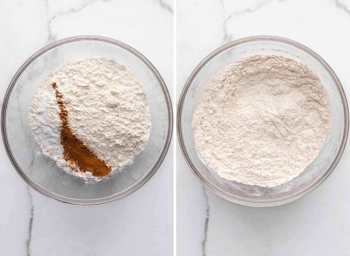 two photos showing how to make banana cupcakes - mixing dry ingredients