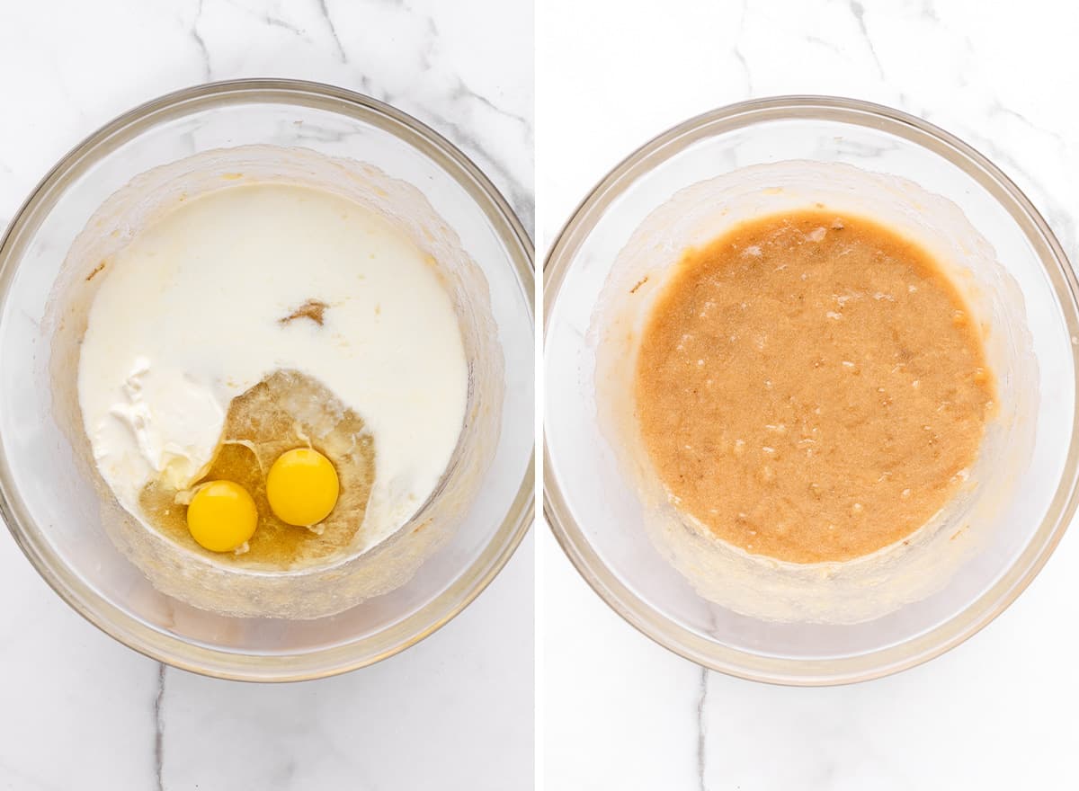 two photos showing how to make banana cupcakes - adding eggs, milk and sour cream