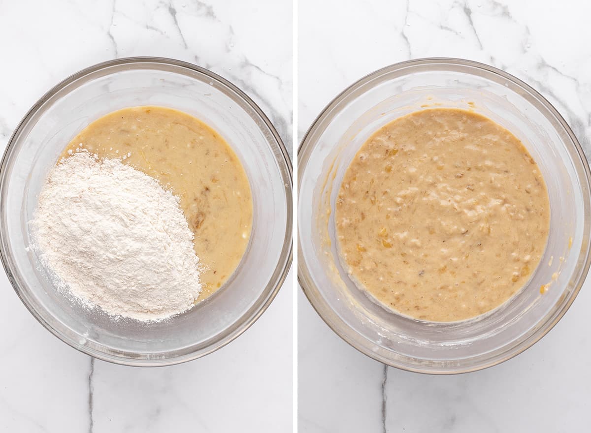 two photos showing how to make banana cupcakes - combining wet and dry ingredients
