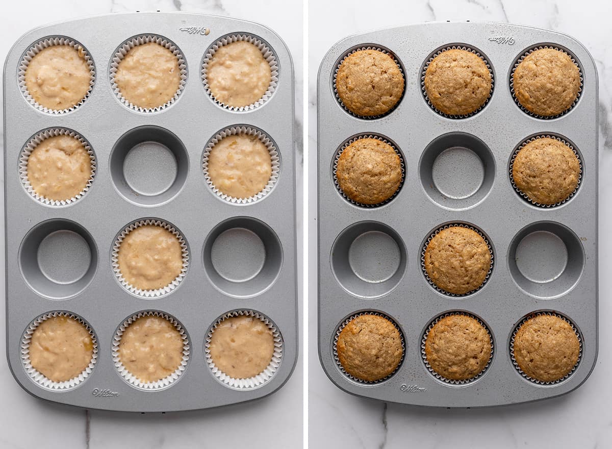 banana cupcakes in a muffin tin before and after baking