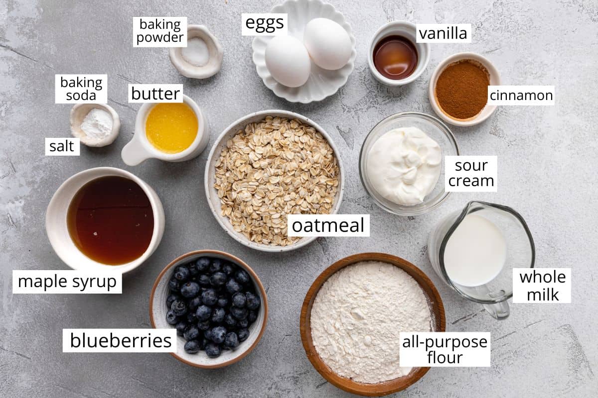 overhead photo of the ingredients in this Blueberry Oatmeal Muffins recipe