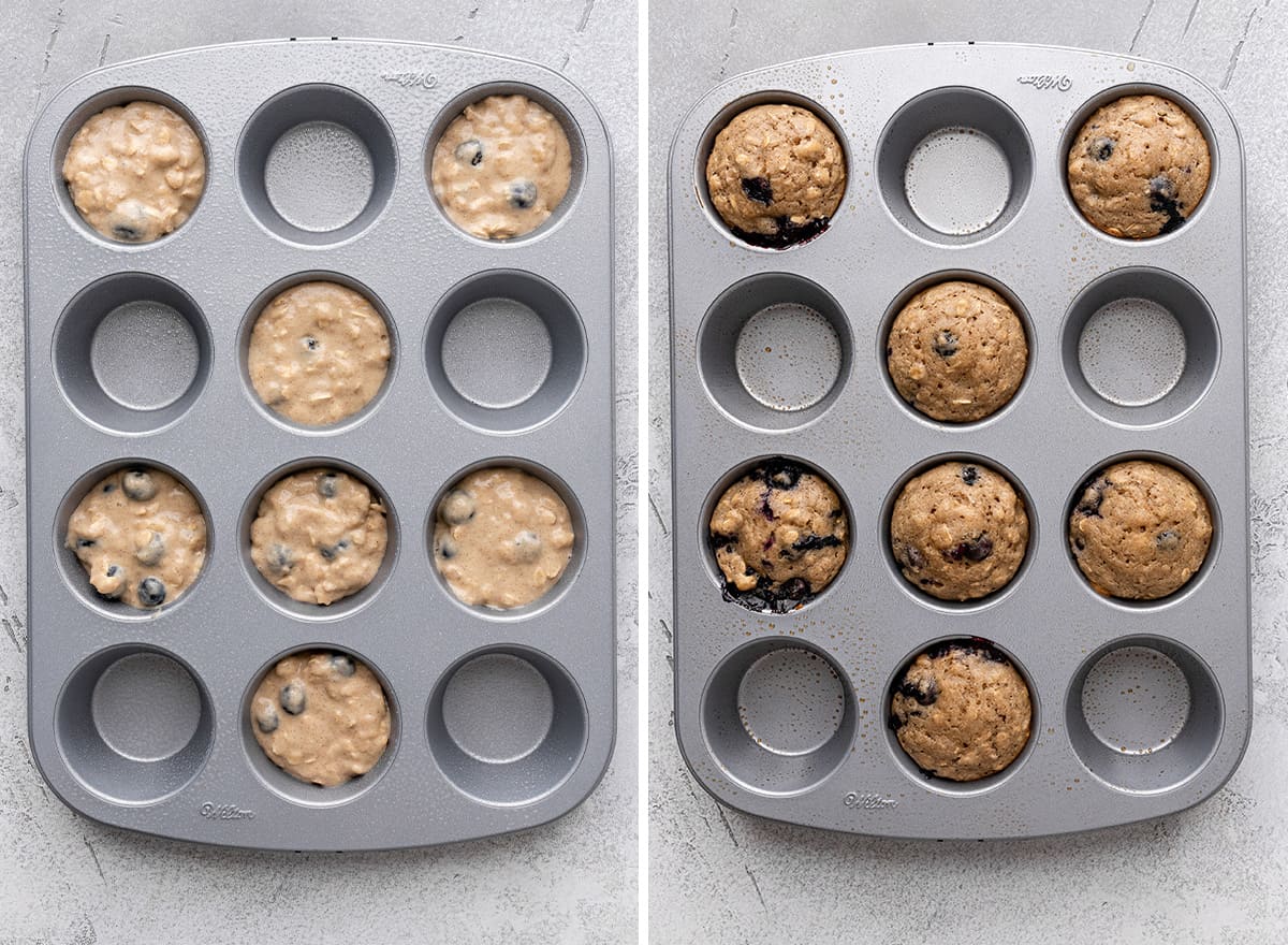 two photos showing blueberry oatmeal muffins in a muffin tin before and after baking