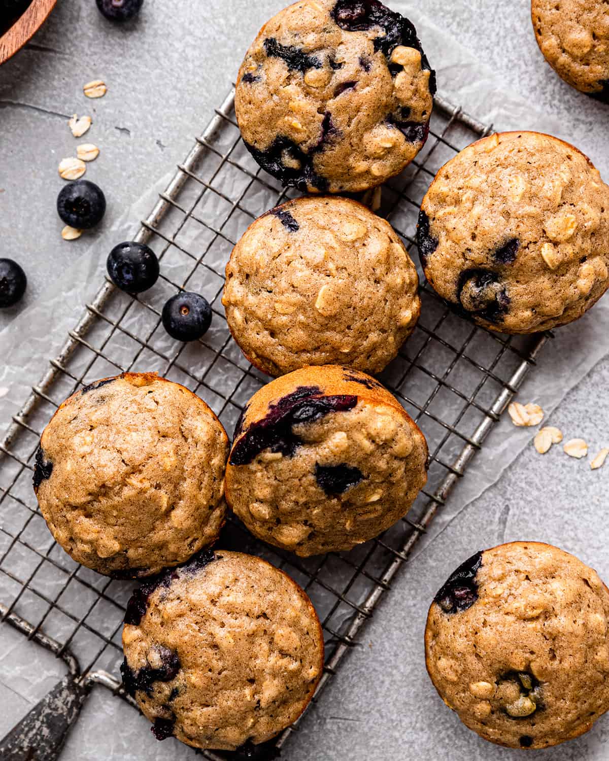 7 Blueberry Oatmeal Muffins on a cooling rack
