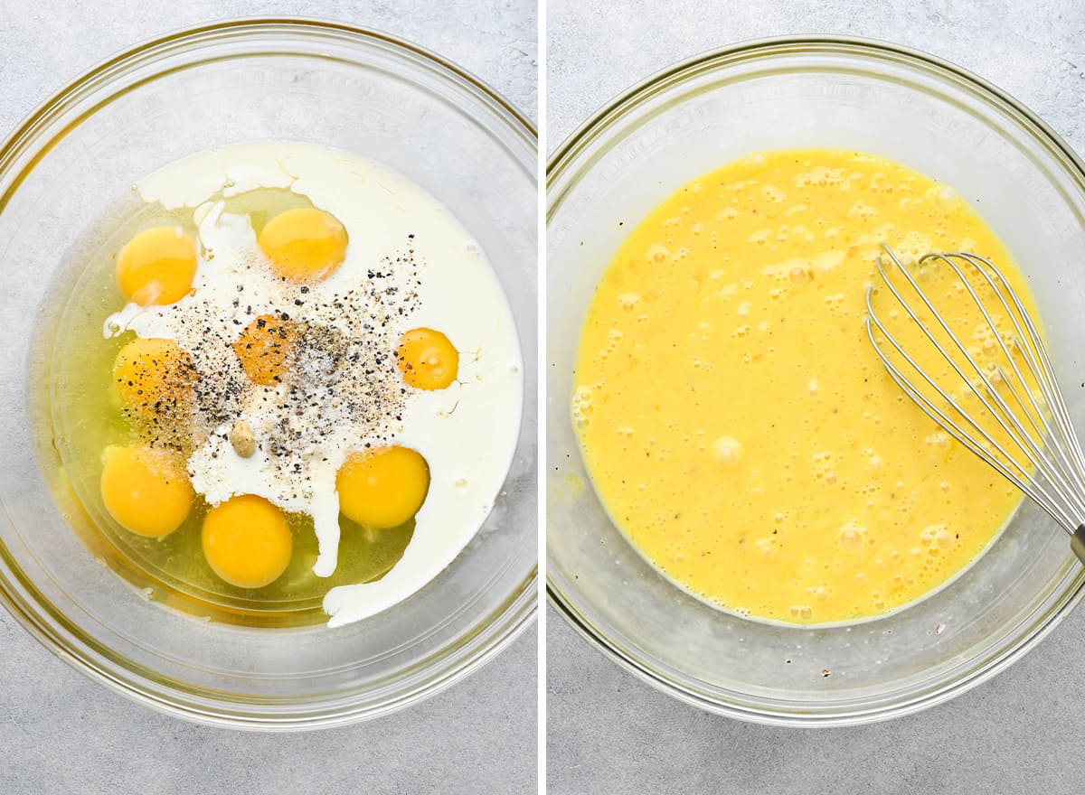 two photos showing How to Make Egg Sandwiches - whisking egg mixture together