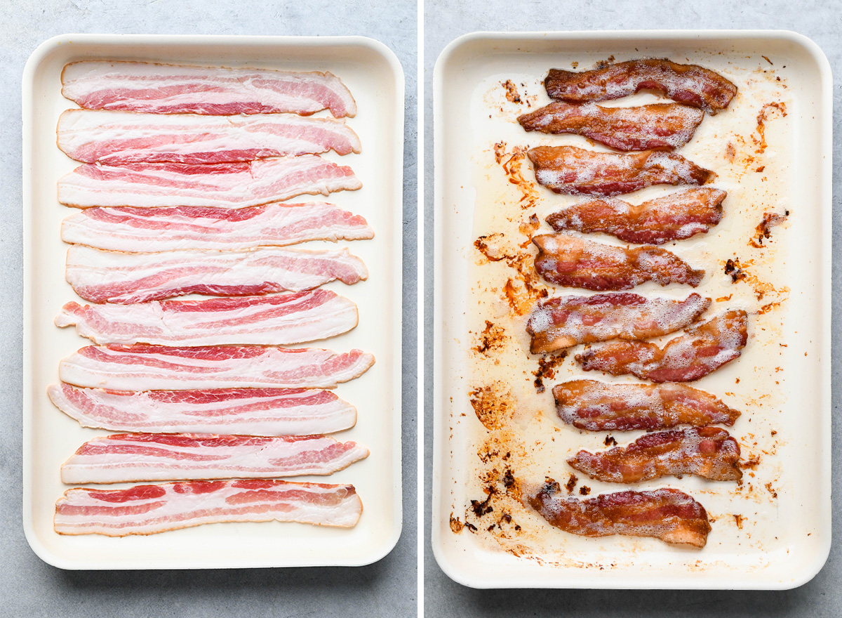 two photos showing how to cook bacon for breakfast egg sandwiches