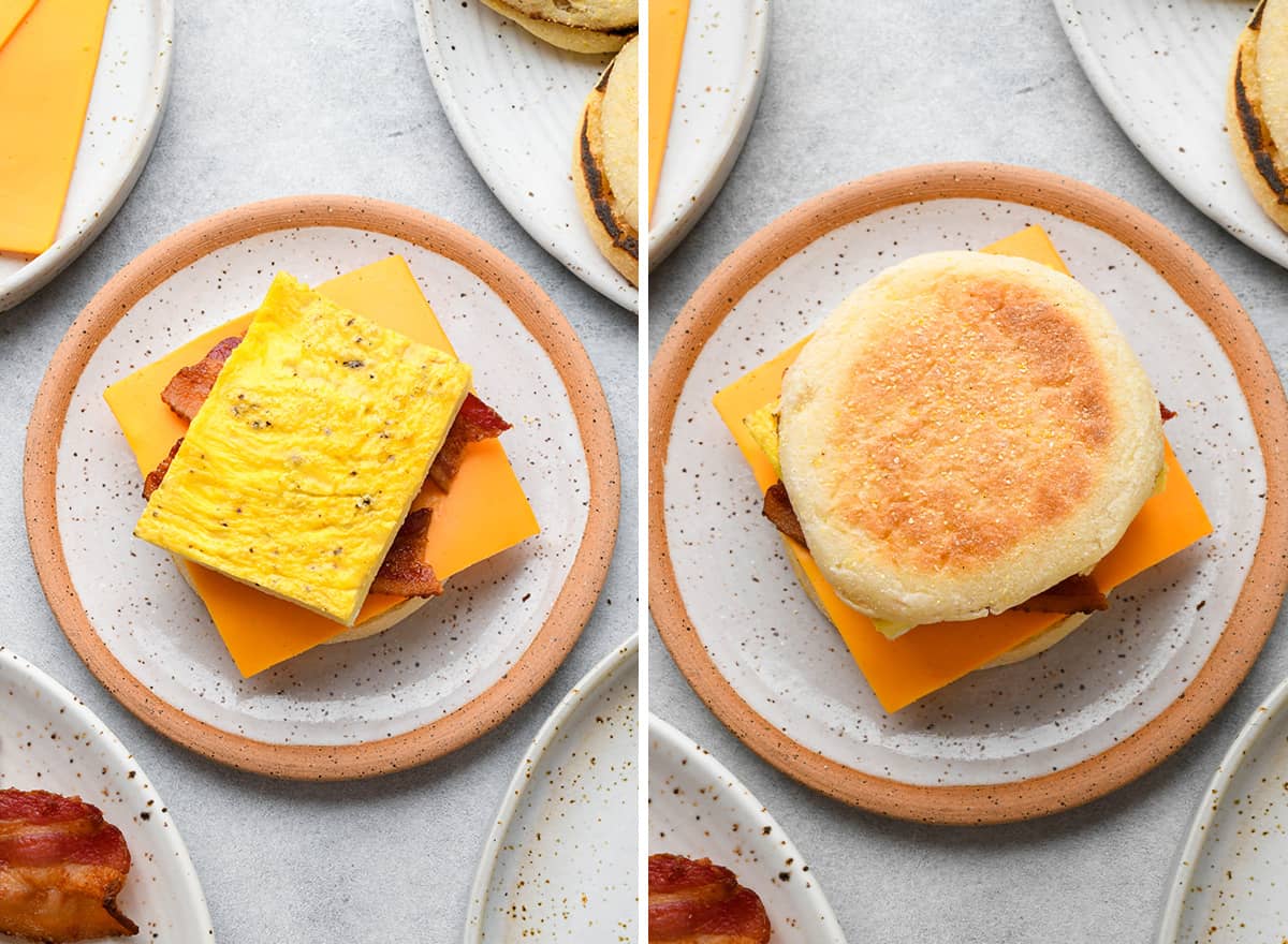 two photos showing how to assemble egg sandwiches