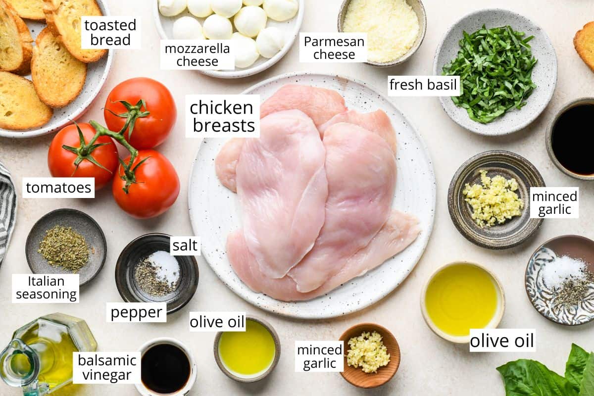 overhead photo of the ingredients in this Bruschetta Chicken recipe