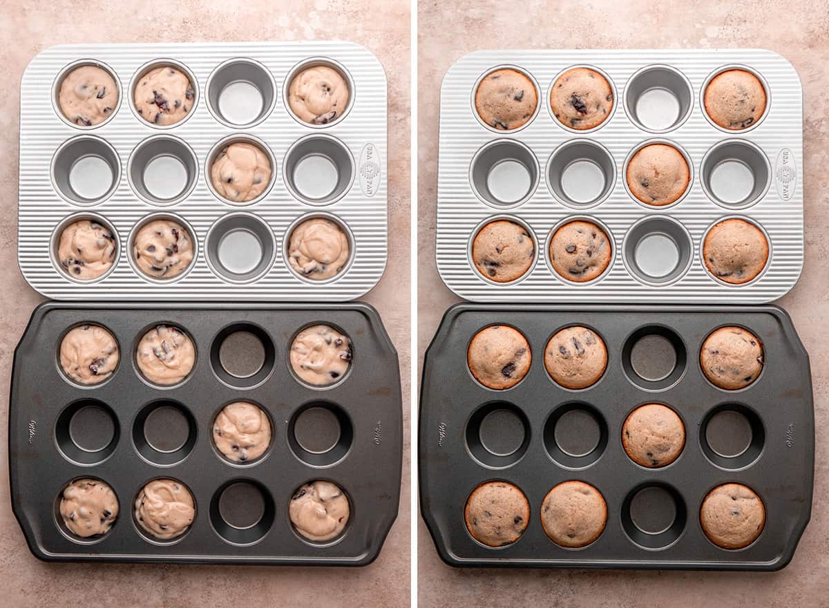 two photos showing how to make Cherry Muffins -  in the baking pan before and after baking