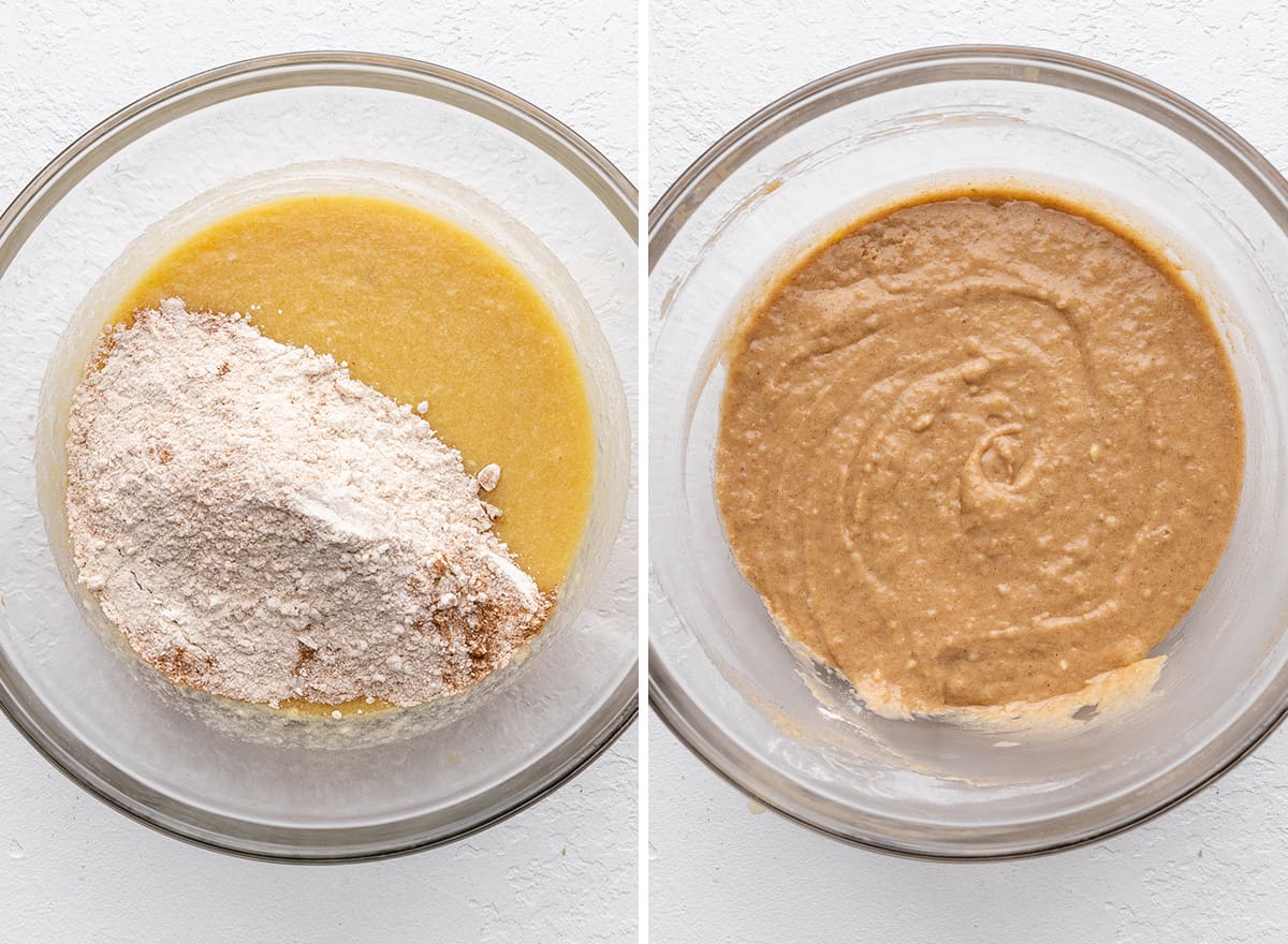 two photos showing How to Make Cinnamon Apple Bread - combining wet and dry ingredients