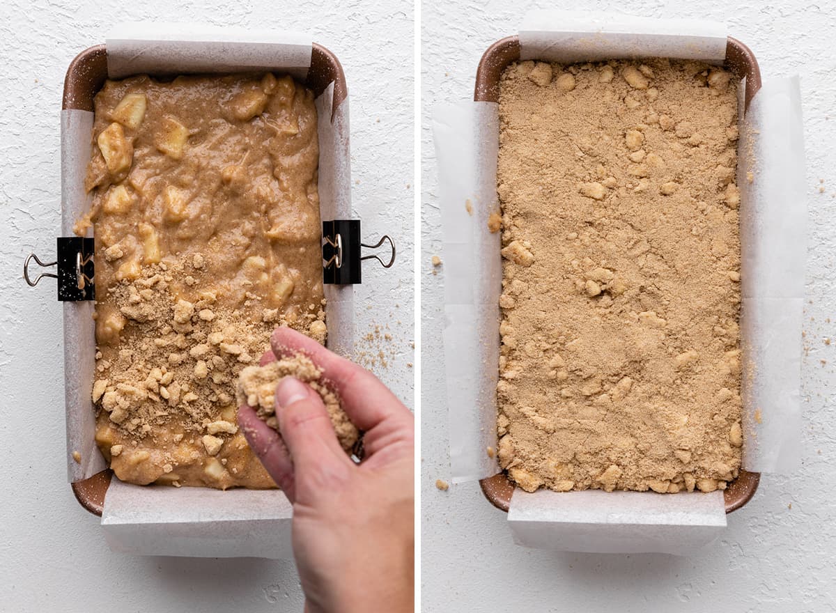 two photos showing spreading the crumb topping over cinnamon apple bread