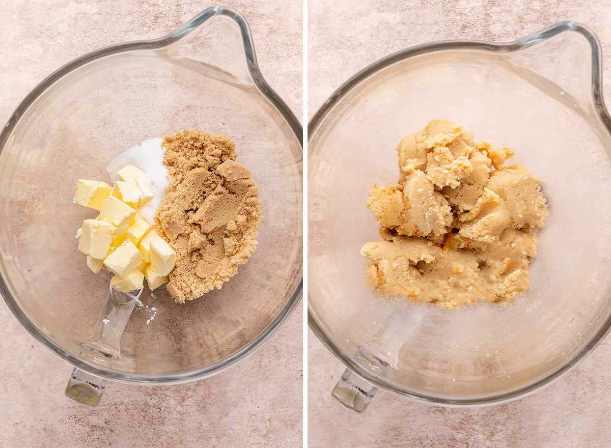 two photos showing How to Make Coffee Cookies - mixing butter and sugars