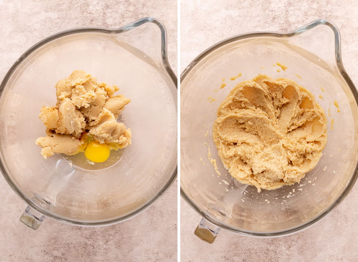 two photos showing How to Make Coffee Cookies - adding egg and vanilla