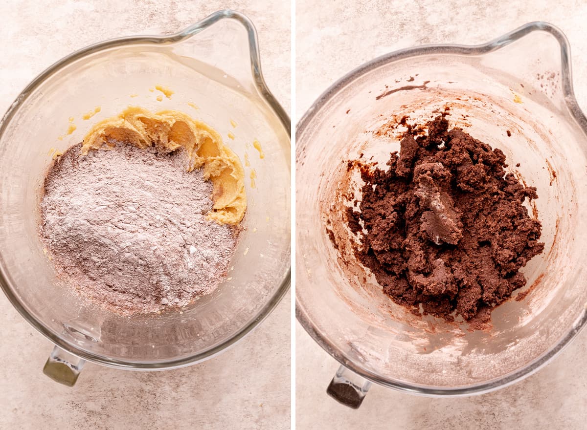 two photos showing How to Make Coffee Cookies - combining wet and dry ingredients