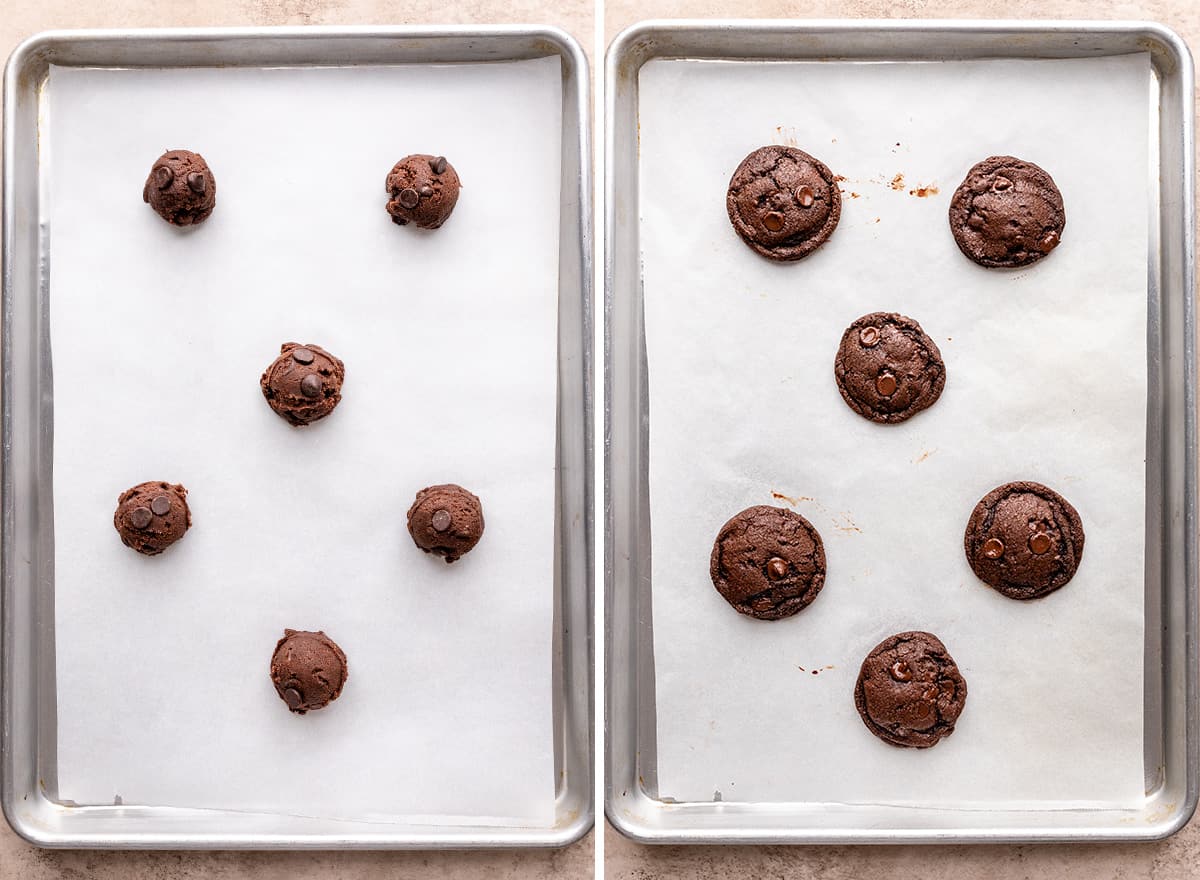 two photos showing coffee cookies on a baking sheet before and after baking