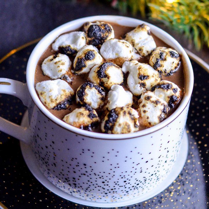a mug of dairy free hot chocolate with toasted marshmallows