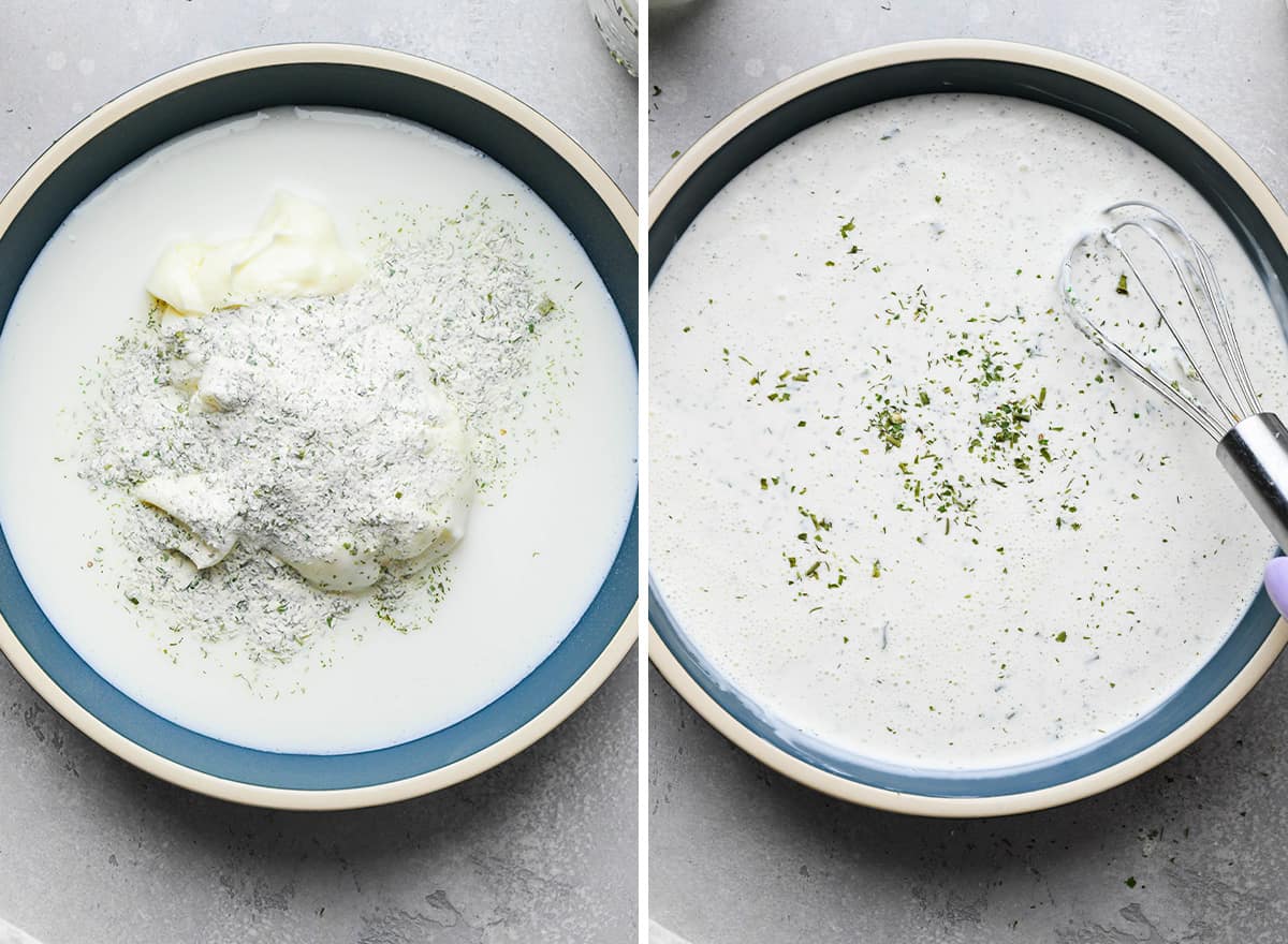 two photos showing how to make dressing using Homemade Ranch Dressing Mix