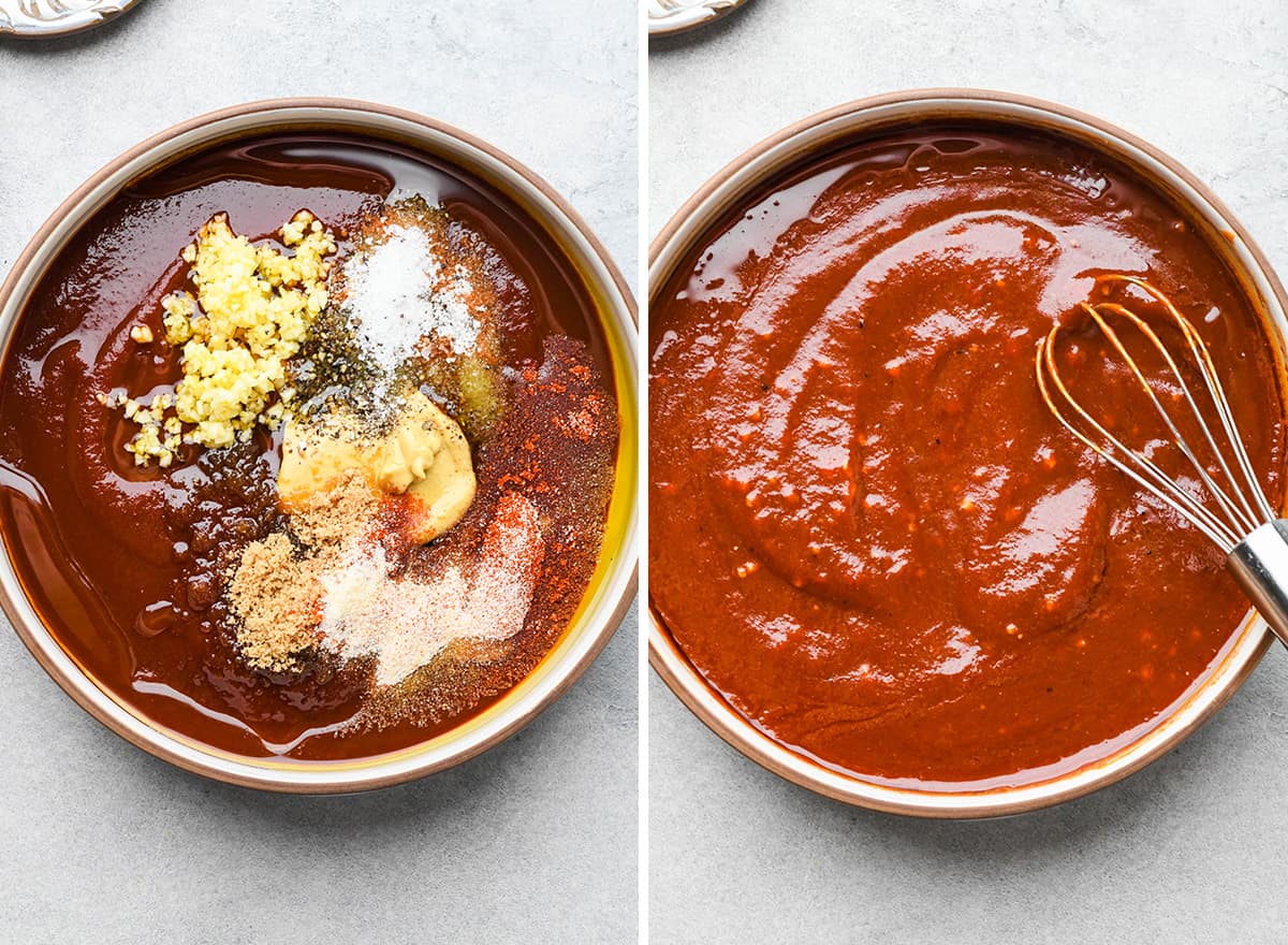 two photos showing whisking together ingredients to make bbq chicken marinade