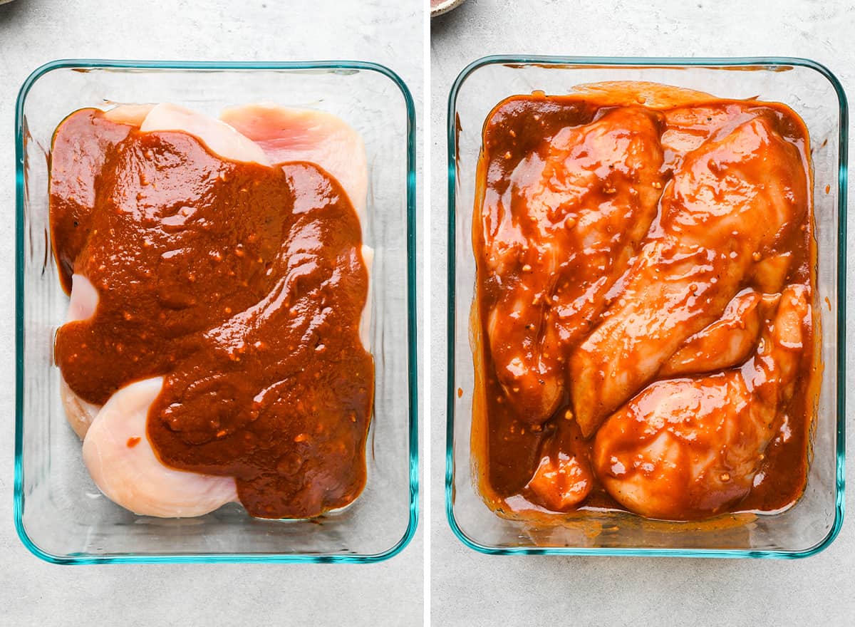 two photos showing How to Make BBQ Chicken - marinating chicken in a glass container