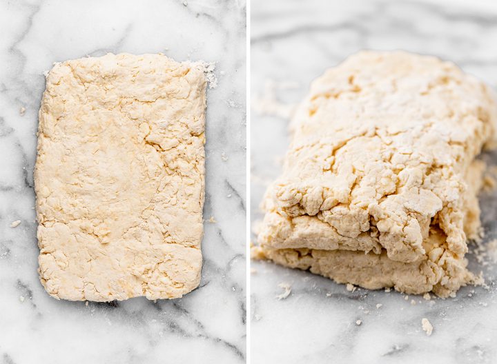 two photos showing How to Make Biscuits - folding the dough