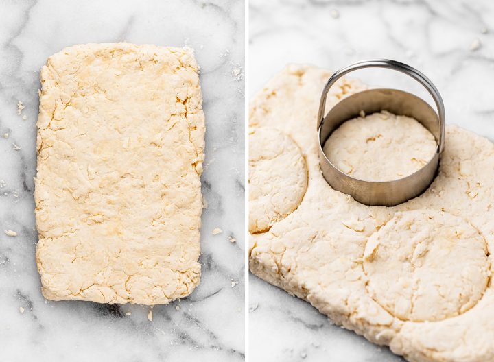two photos showing How to Make Biscuits - rolled dough being cut with a biscuit cutter