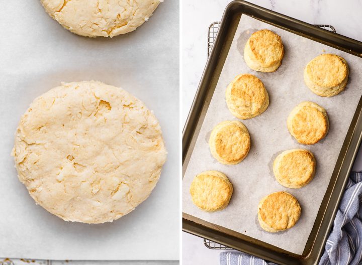 two photos showing How to Make Biscuits - on a baking sheet before and after baking