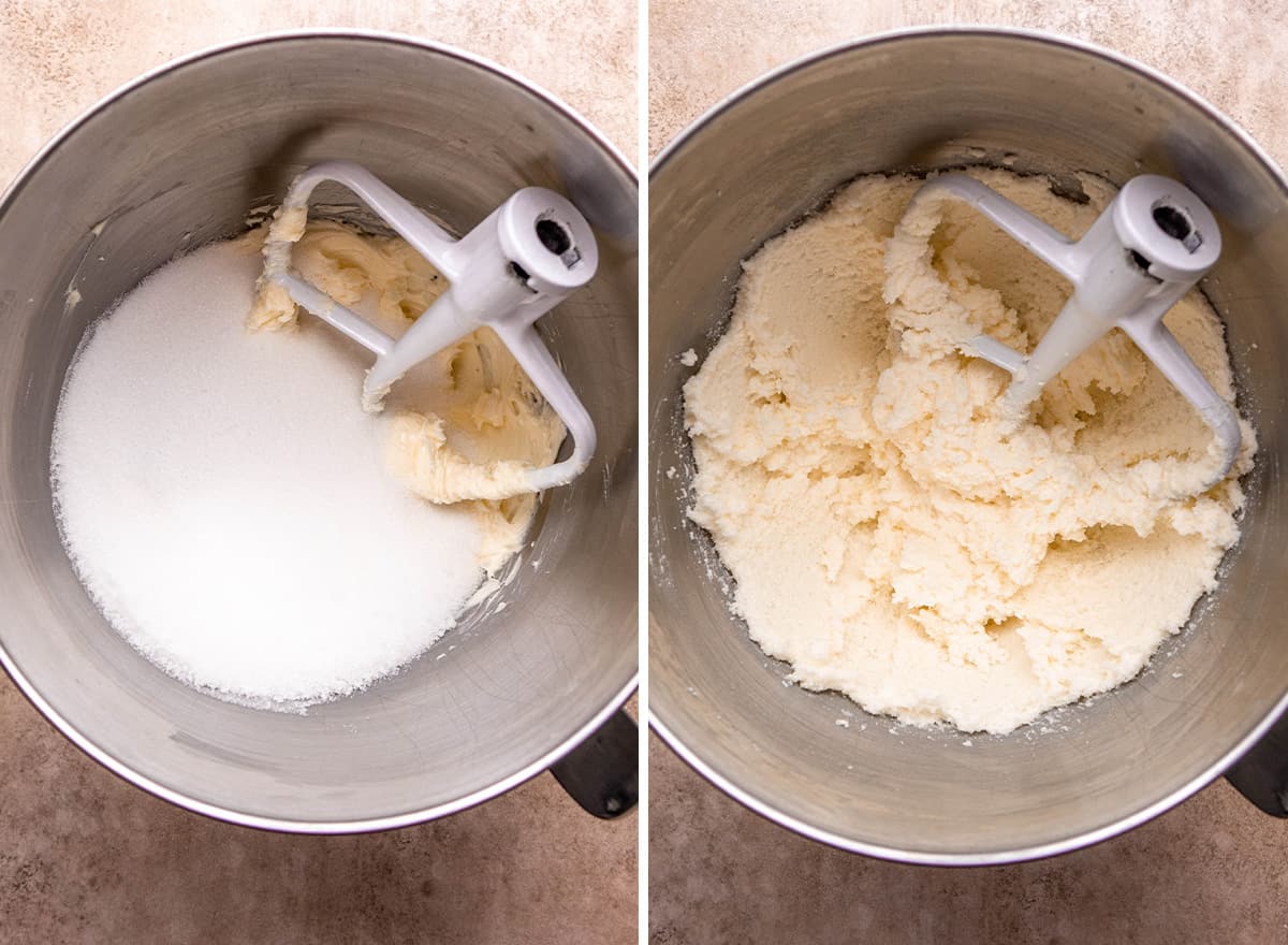 two photos showing how to make bundt cake - beating butter and sugar