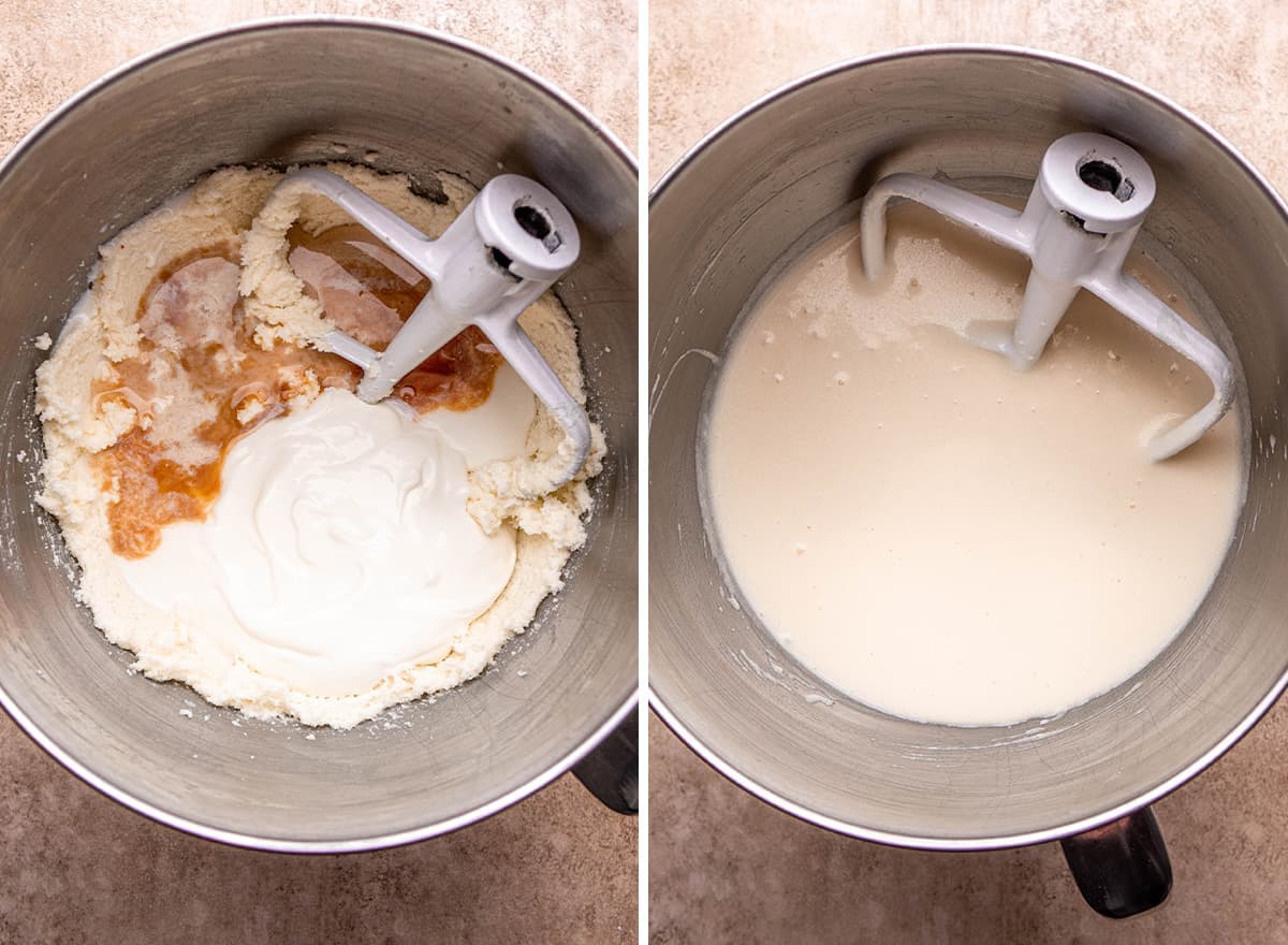 two photos showing how to make bundt cake - combining wet ingredients