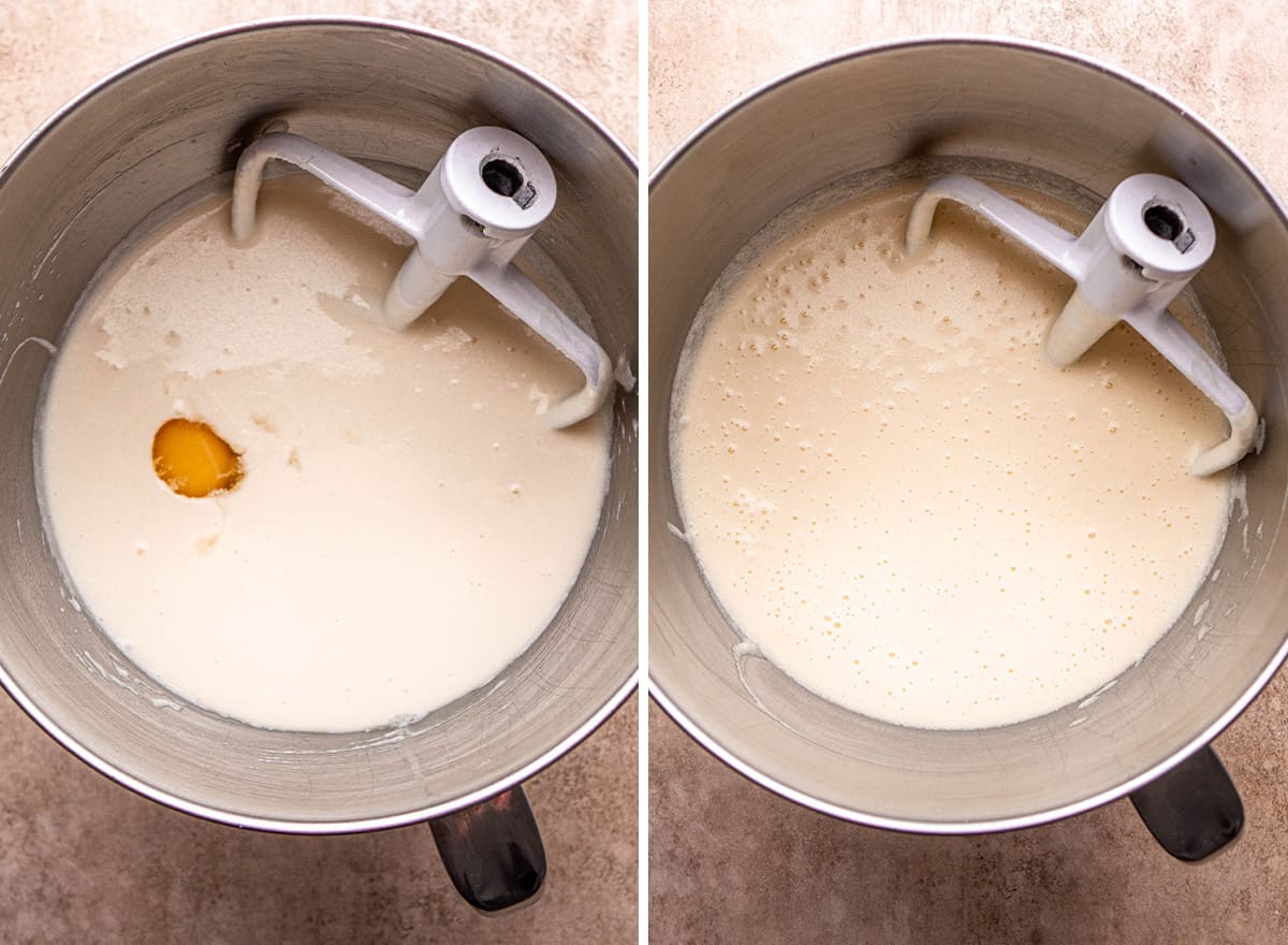 two photos showing how to make bundt cake - adding eggs