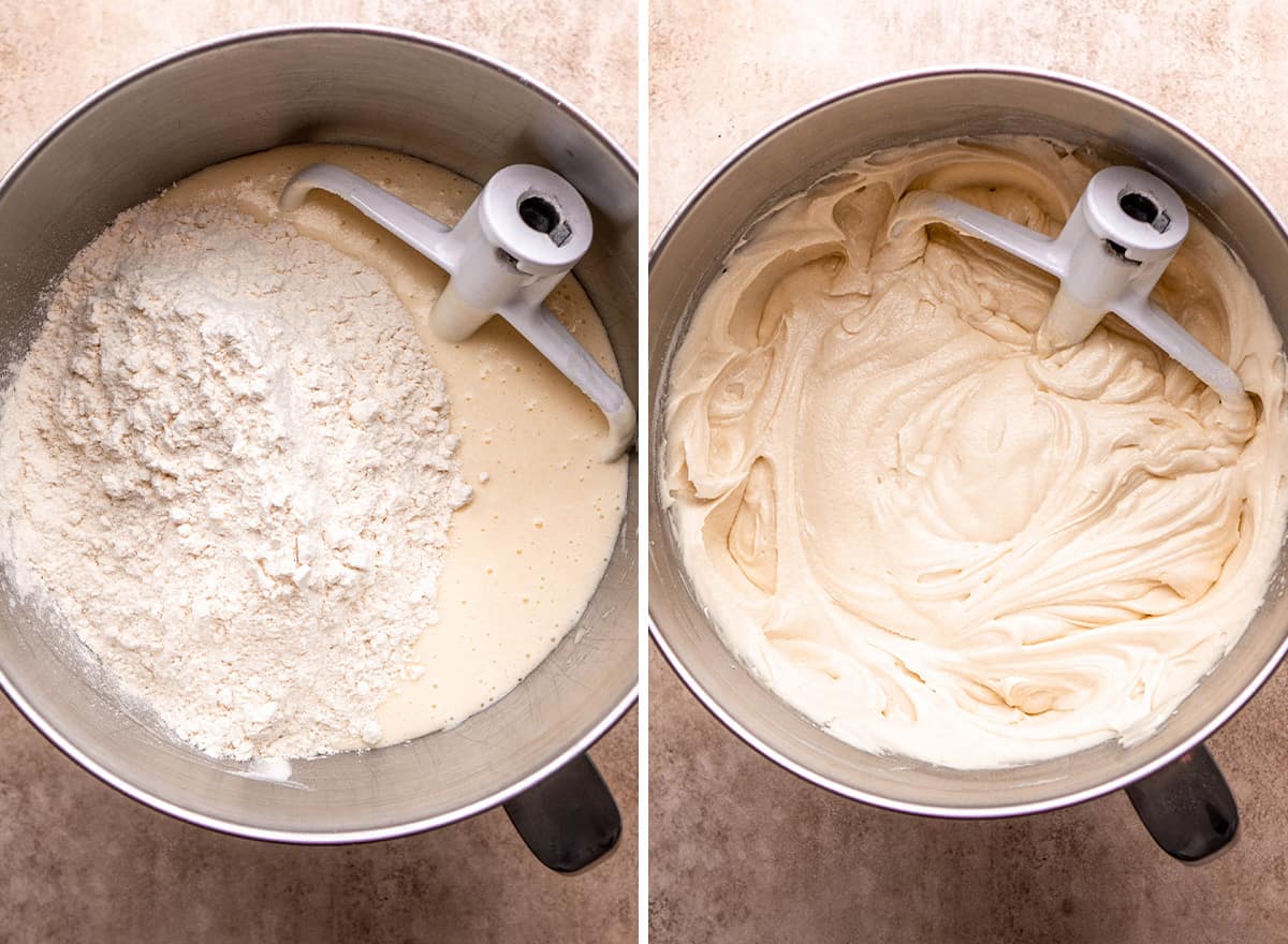 two photos showing how to make bundt cake - combining wet and dry ingredients