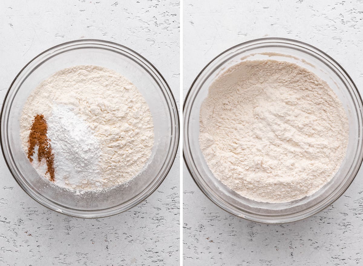 two photos showing How to Make Buttermilk Pancakes - combining dry ingredients