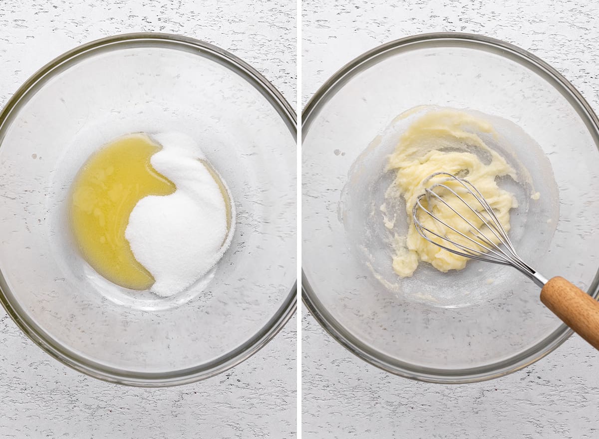 two photos showing How to Make Buttermilk Pancakes - whisking butter & sugar
