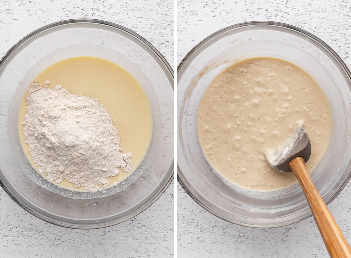 two photos showing How to Make Buttermilk Pancakes - combining wet and dry ingredients