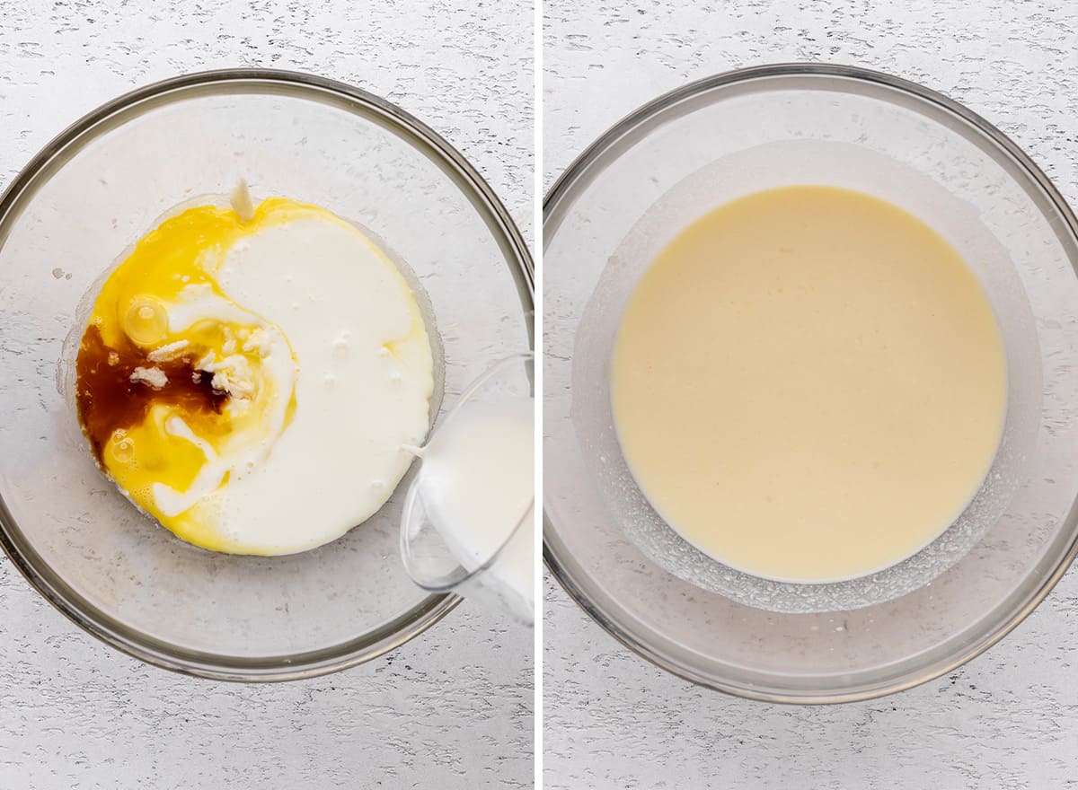 two photos showing How to Make Buttermilk Pancakes - combining wet ingredients