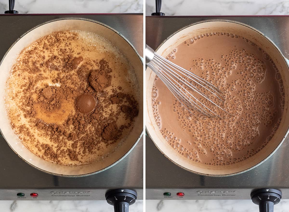 two photos showing how to make dairy free hot chocolate in a pot