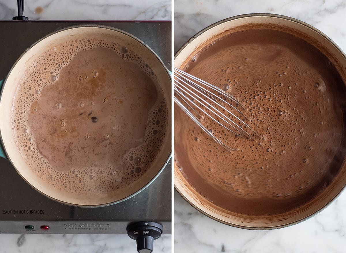 two photos showing how to make dairy free hot chocolate in a pot