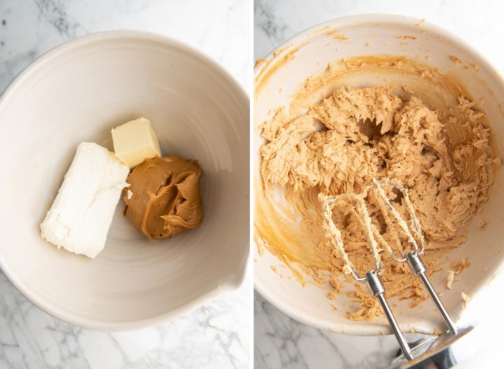 two photos showing How to Make Peanut Butter Pie - beating butter, peanut butter & cream cheese together