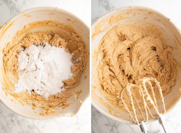 two photos showing How to Make Peanut Butter Pie - adding powdered sugar & vanilla