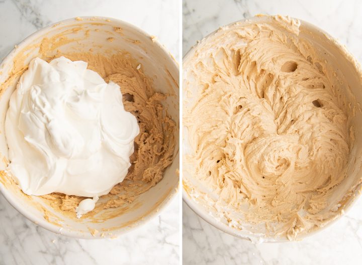 two photos showing How to Make Peanut Butter Pie - beating in whipped cream